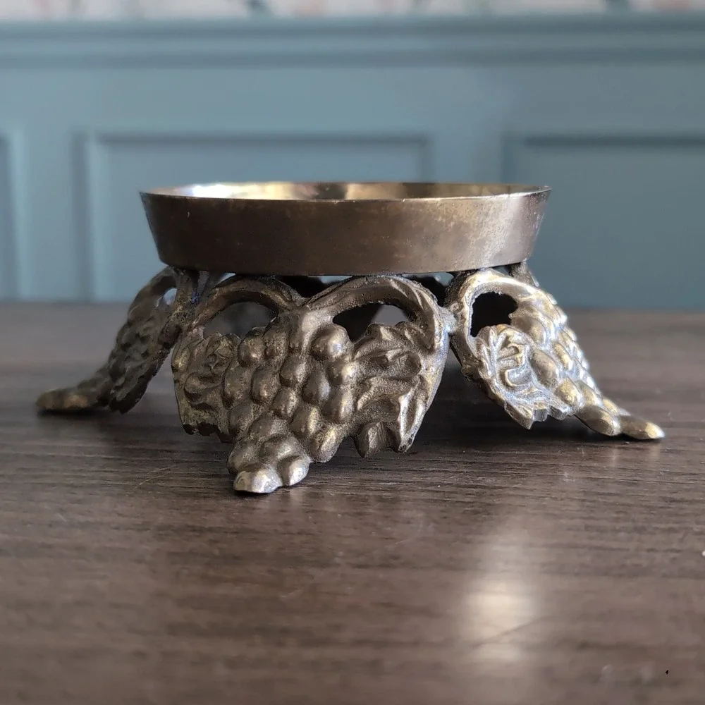 Vintage Brass Grape Candle Holder Bowl Stand Gold Ornate Pedestal Base Potpourri